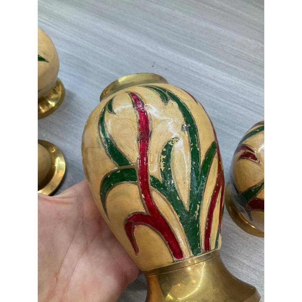 VINTAGE INDIAN BRASS HAND PAINTED ENAMEL JAR PITCHER AND VASE‎